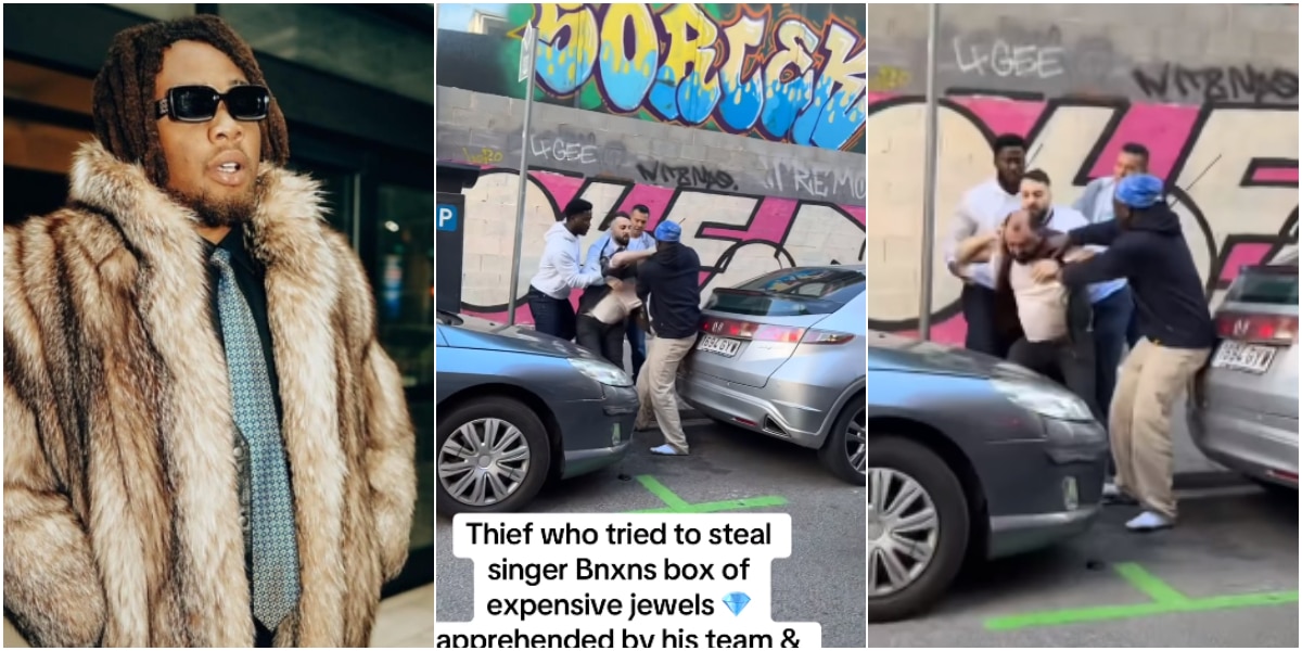 Moment police arrest man who tried to steal BNXN's multi million-naira jewelry box in Barcelona