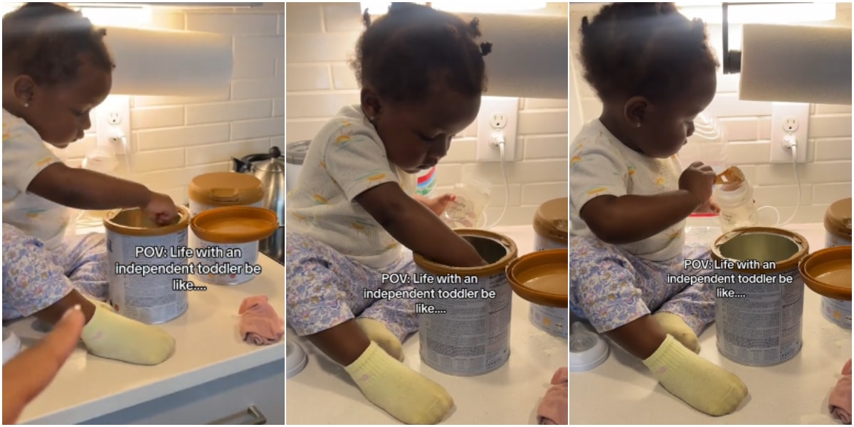 Mother in shock after entering the kitchen only to find her little daughter preparing her own meal herself