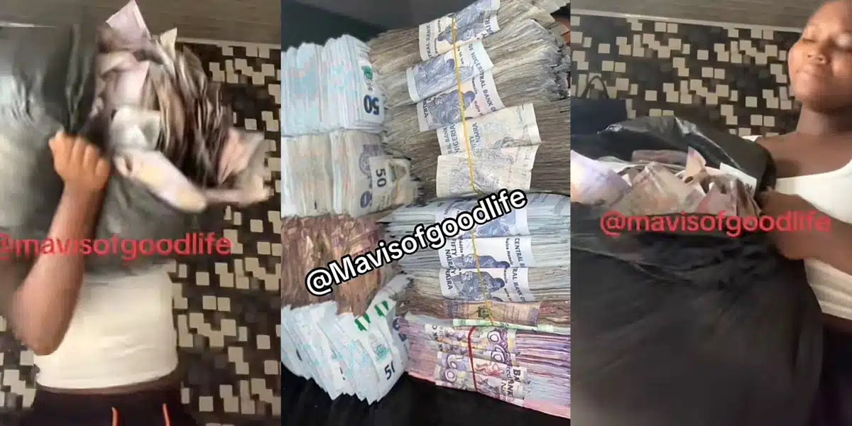 Lady stuns many as she flaunts pile of money she picked at the club