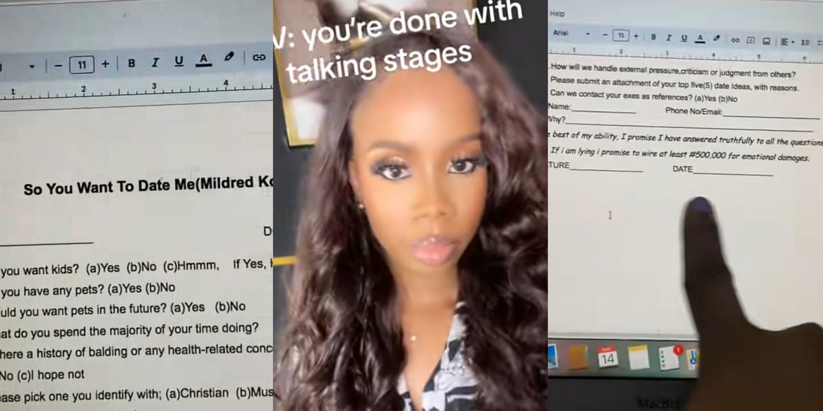 Nigerian lady says goodbye to 'talking stage' with 24 questions to suitors, ₦500k fine for emotional damages