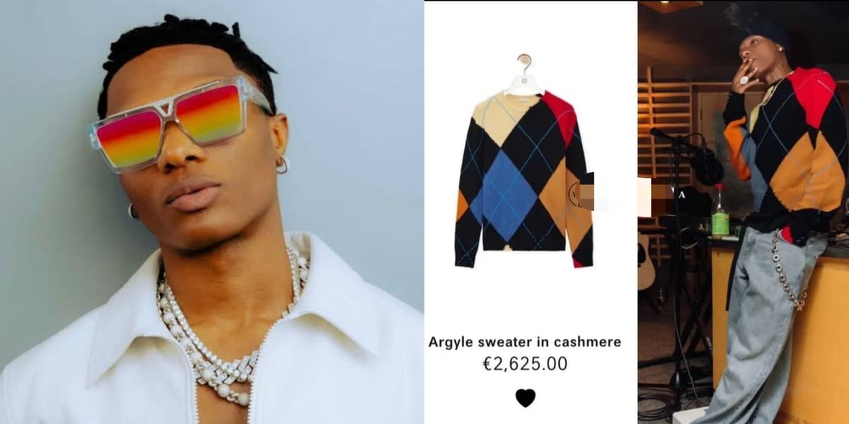 Wizkid spends big on fashion, wears ₦4.2 million Loewe Argyle sweater