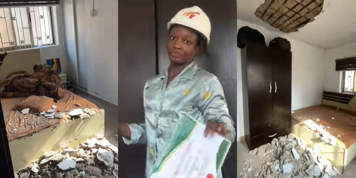 Nigerian lady narrowly escapes death as ceiling crashes onto bed while she slept