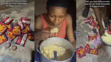 Innocent-looking Nigerian lady devours 10 packs of noodles, 2 eggs, and a soda in one sitting