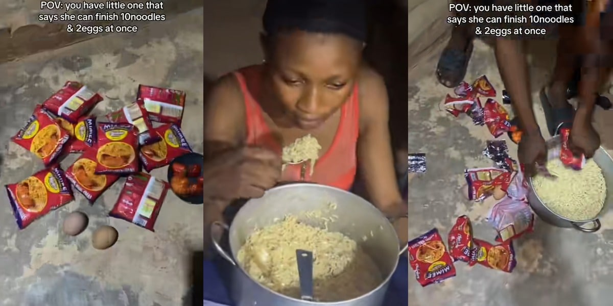 Innocent-looking Nigerian lady devours 10 packs of noodles, 2 eggs, and a soda in one sitting