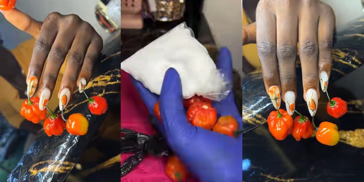 Nigerian lady takes fashion to new heights with pepper and salt nails
