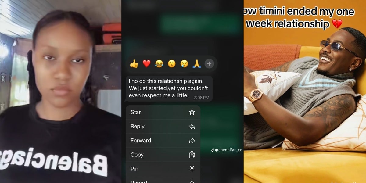 Nigerian man ends 7-day relationship with girlfriend as she posts actor Timini on WhatsApp, captions it 'my love'