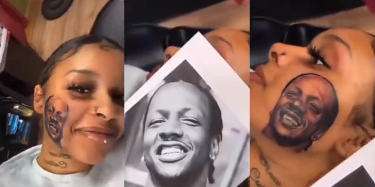 Beautiful lady gets permanent tattoo of boyfriend's face on her face