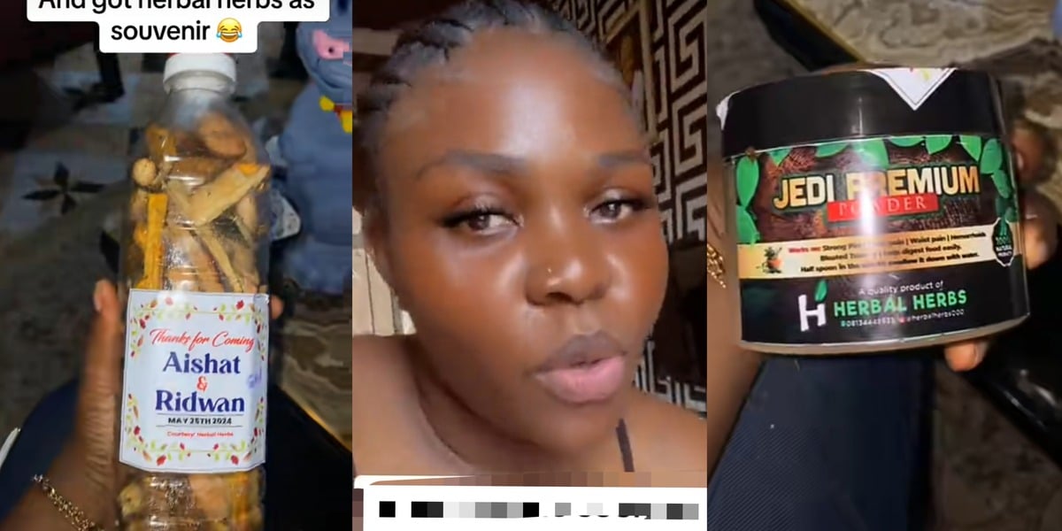 Nigerian lady receives herbs as wedding souvenir