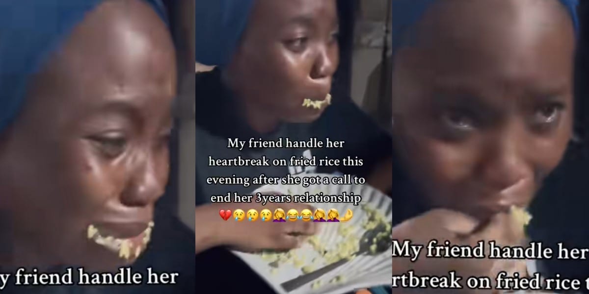 Nigerian lady feeds herself rice while crying as boyfriend ends 3-year relationship