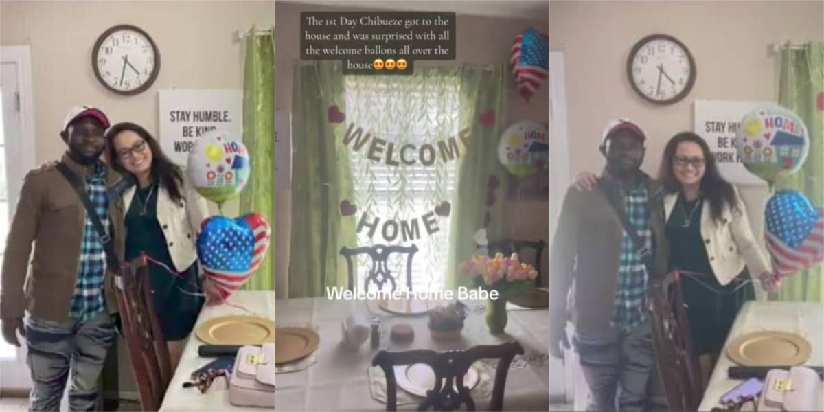 Romantic moment Oyinbo woman specially welcomes her Nigerian husband home