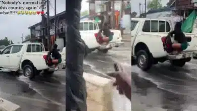 Lady truck flooded road