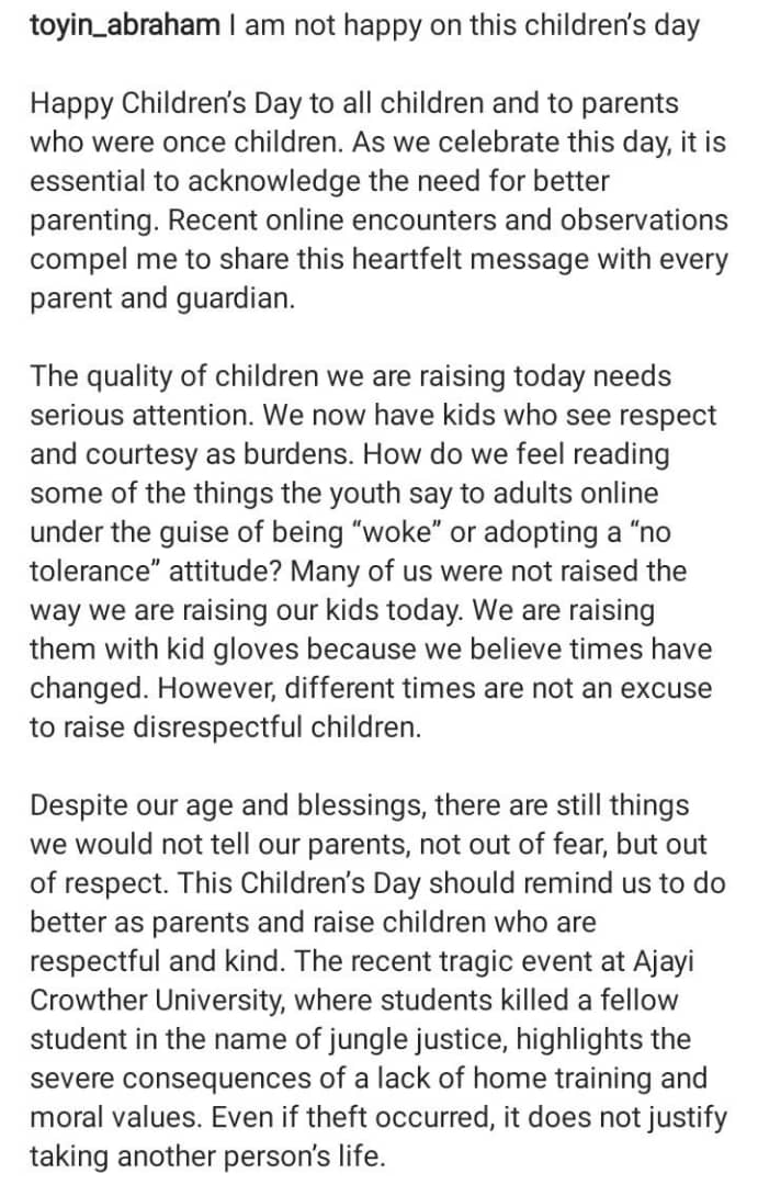Toyin Abraham explains why she is unhappy on Children's Day