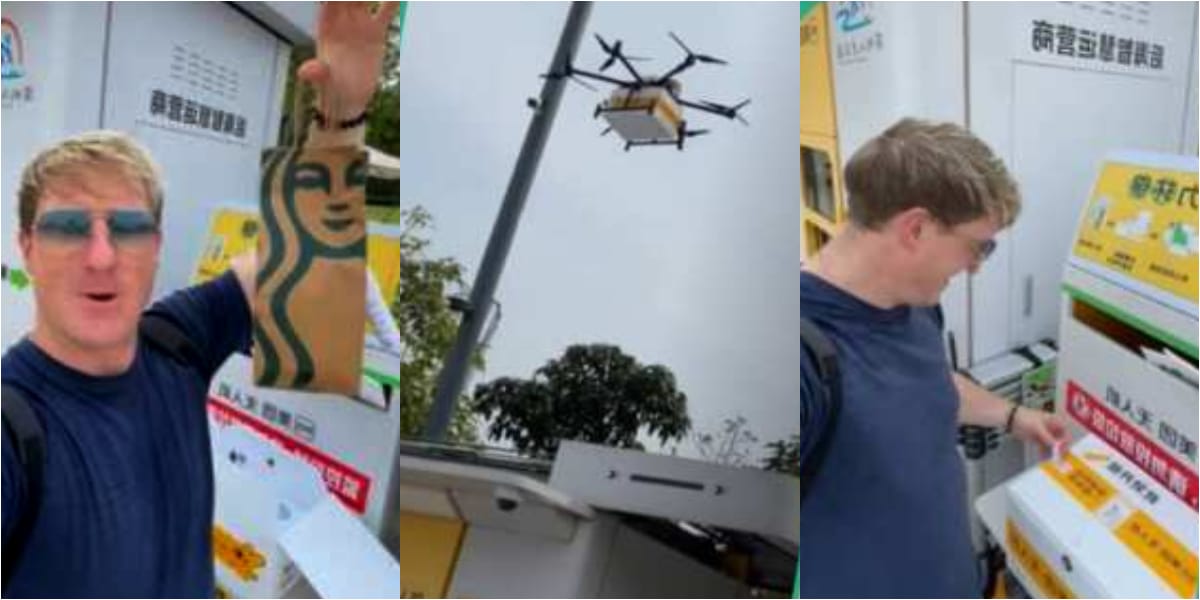 Tourist expresses shock as drone delivers drink to him at the park