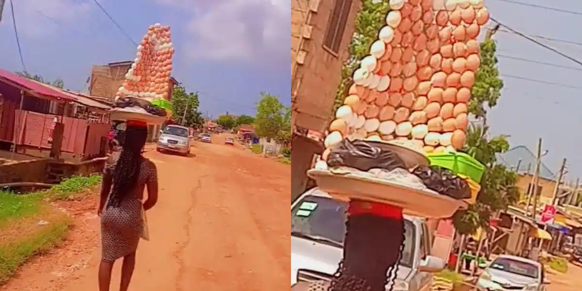 Ghanaian egg vendor shocks passersby as she skillfully arranges eggs while hawking