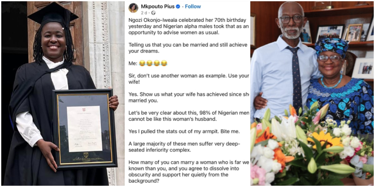 Cambridge scholar drags ABSU graduate who criticized her for saying 98% of Nigerian men can't be like Okonjo’s husband