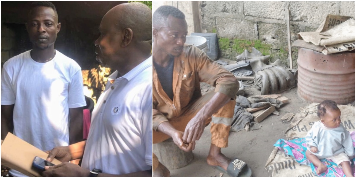 Mechanic who takes little baby to workshop after wife abandoned them receives N285k donations from Nigerians