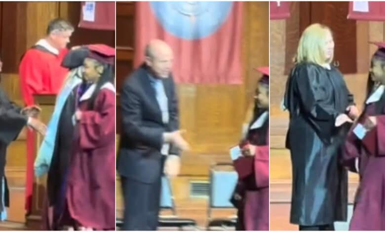 Moment graduate ignores her lecturers, refuses their handshakes on graduation day