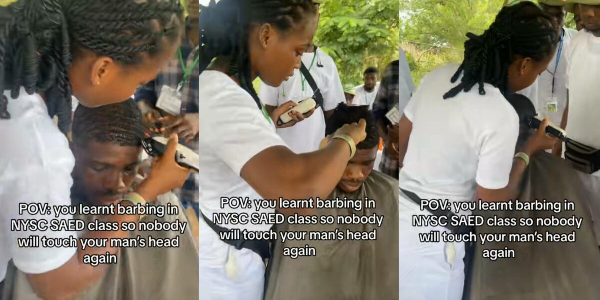 Female corper wows colleagues as she shows off impressive barbing skills during SAED class