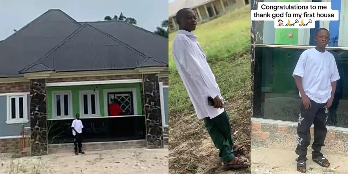 Young boy raises eyebrows as he celebrates building his house