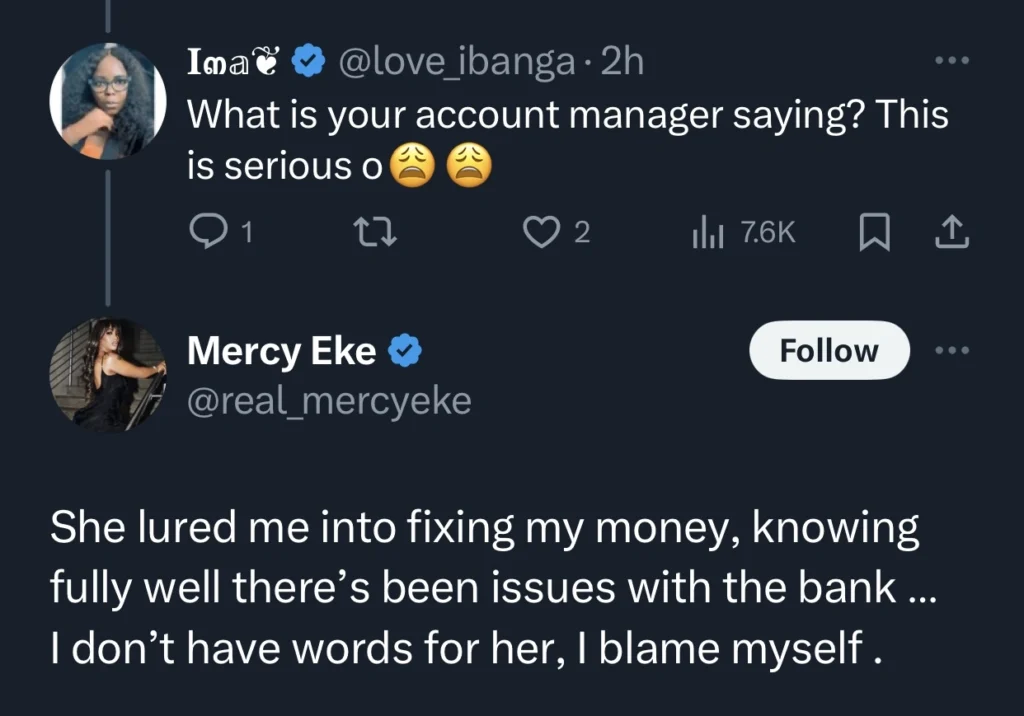 Mercy Eke laments Heritage bank’s shutdown, reveals she has millions in her account