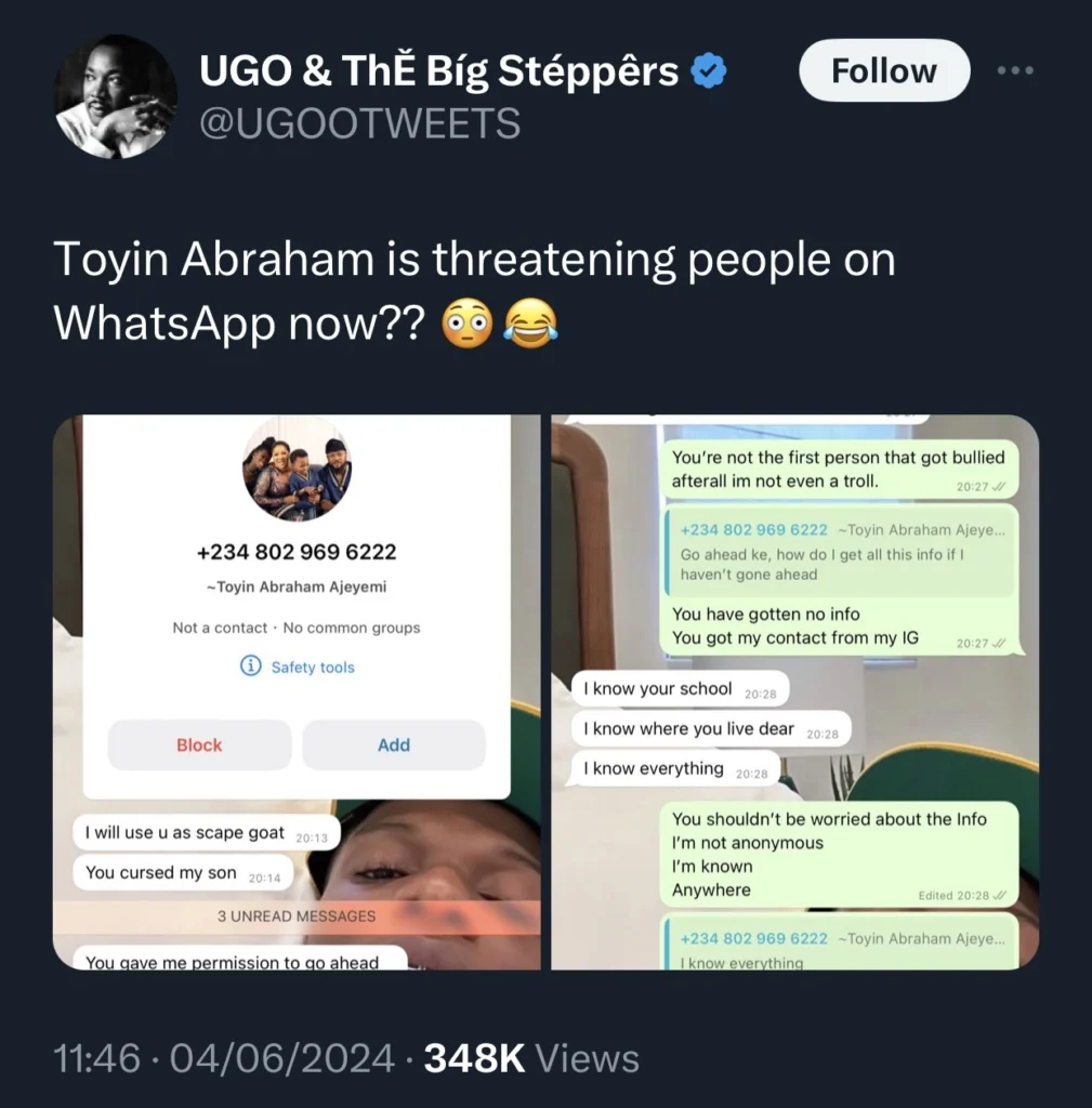 Toyin Abraham allegedly threatens Twitter user for cursing her son