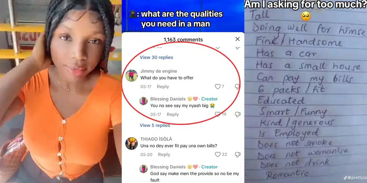 Nigerian lady boasts of her body as she lists a car, a house, and 13 other things she wants in a man