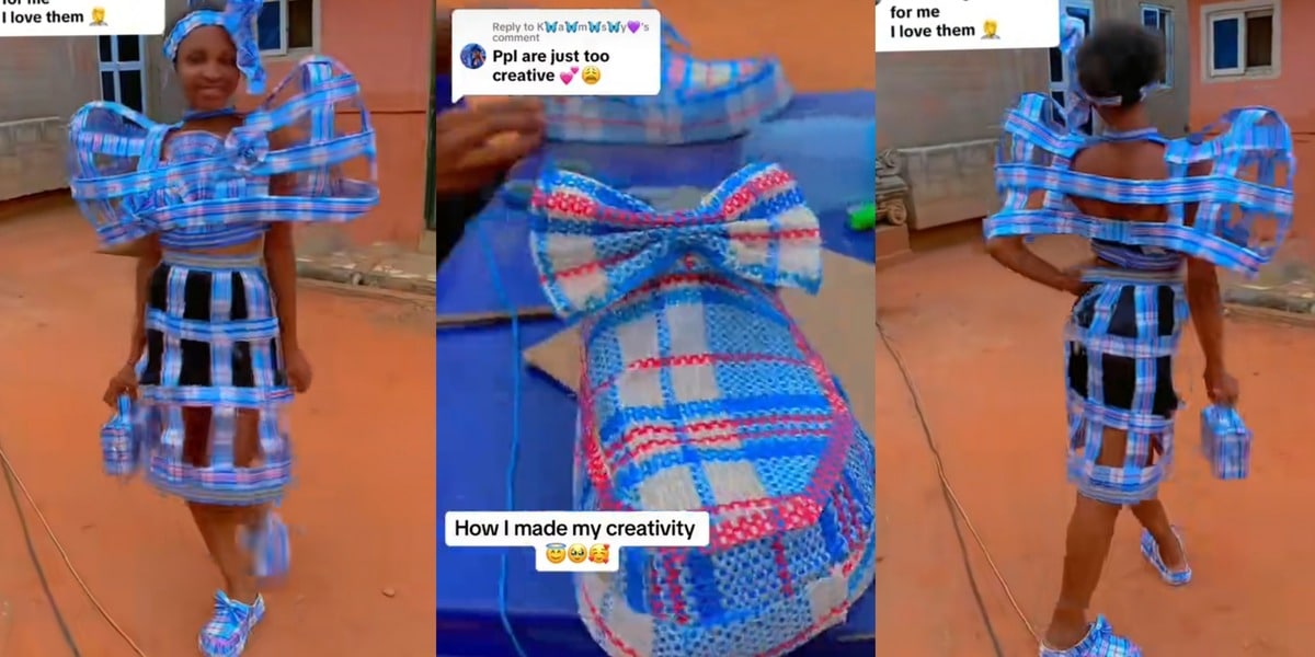 Nigerian lady flaunts handmade outfit, shoes from 'Ghana Must Go' bag