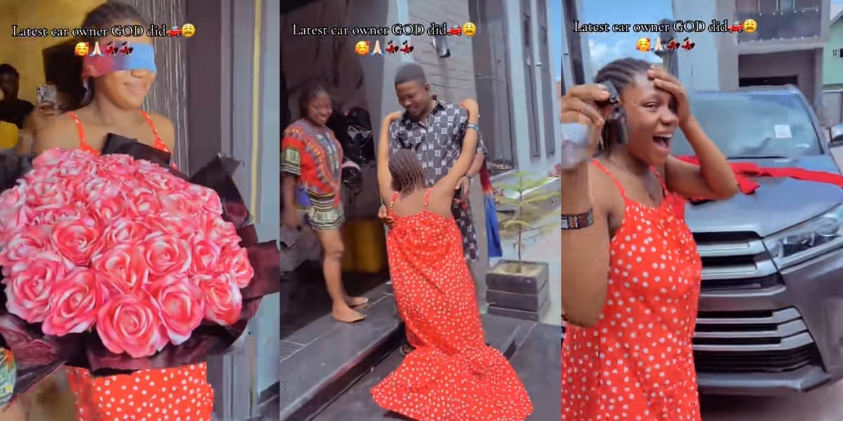 Nigerian wife kneels, bursts into tears as husband surprises her with brand new car after childbirth