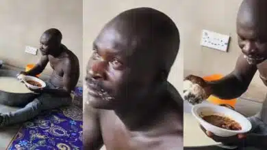 Nigerian man evokes concern as he soaks Garri in big pot, devours it with beans