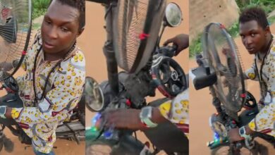Nigerian man upgrades his motorcycle with standing fan, car gear, steering wheel