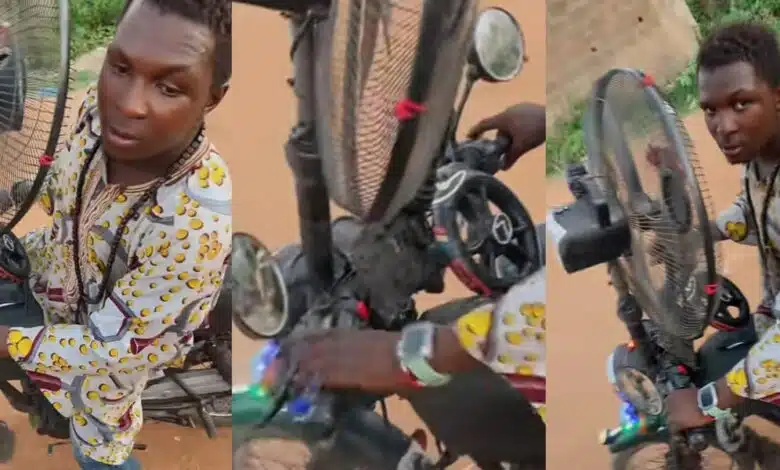 Nigerian man upgrades his motorcycle with standing fan, car gear, steering wheel