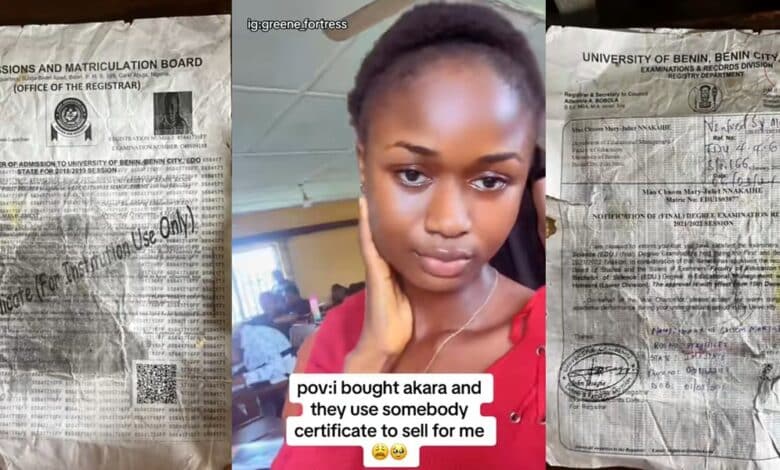 Nigerian lady shows off Akara wrapped in UNIBEN student certificate and JAMB admission letter