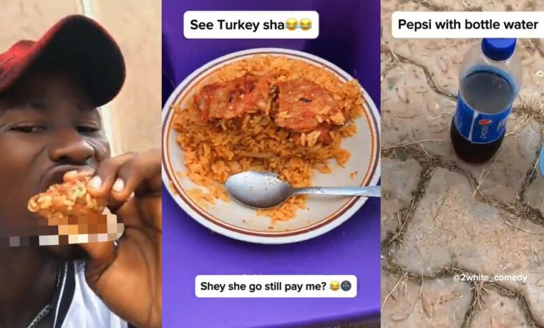 Nigerian barber worries about payment after being served jollof rice, 2 turkey pieces, Pepsi for home service