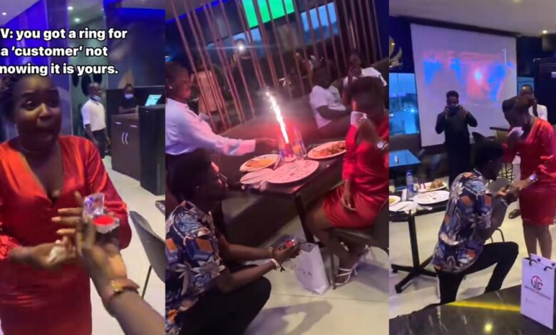 Nigerian lady expresses disbelief as boyfriend proposes marriage with ring she purchased for a customer