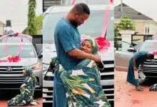 Heartwarming moment as Nigerian wife kneels in thanks as husband gifts new car