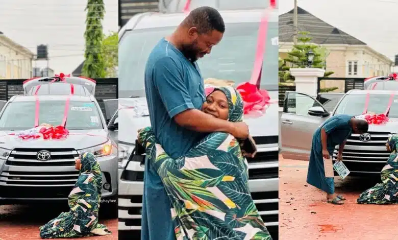 Heartwarming moment as Nigerian wife kneels in thanks as husband gifts new car