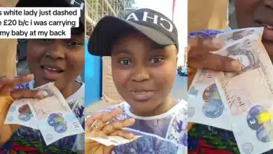 Nigerian woman in UK gets £20 gift from oyibo lady for backing baby on her back