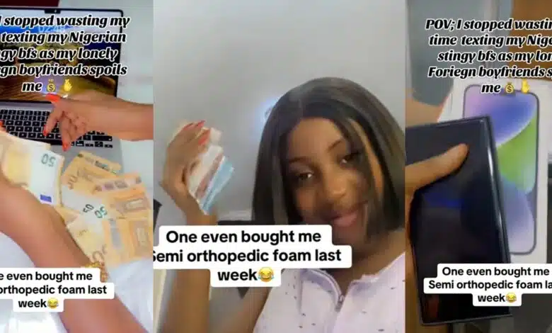 Nigerian lady flaunts foreign currencies, iPhone 15 Pro Max as oyibo lover spoils her, regrets dating stingy men