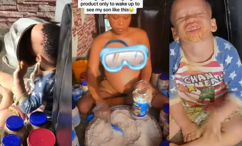 Nigerian mother expresses shock as son eats weight gain product while she rests, licks plate afterwards