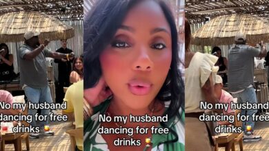 Beautiful african woman expresses shock as husband dances for free drink instead of buying at restaurant