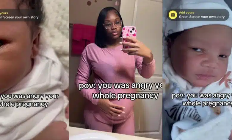 New mom who was angry throughout pregnancy sparks controversy online with baby's angry face reveal