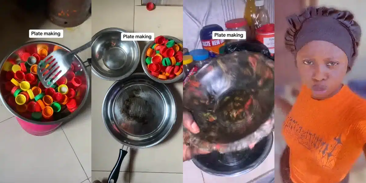Nigerian lady wows social media with stunning plate made from melted plastic lids