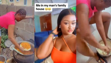 Nigerian lady shows 'wife material' skills with jollof rice and semo at boyfriend's family house
