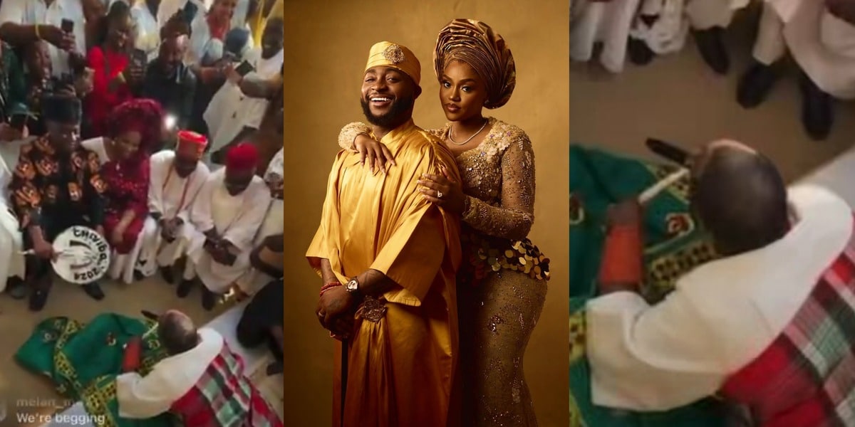 Davido prostrates before Chioma's parents at their wedding, makes 3 new vows