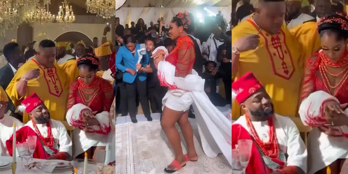 Chioma gives husband Davido palm wine at wedding