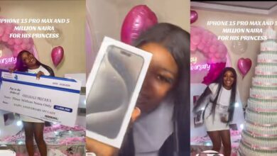 Nigerian lady celebrates 1st anniversary with brand new iPhone 15 Pro Max, ₦3 million cheque from Boyfriend