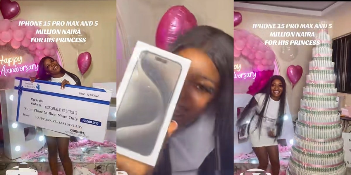 Nigerian lady celebrates 1st anniversary with brand new iPhone 15 Pro Max, ₦3 million cheque from Boyfriend