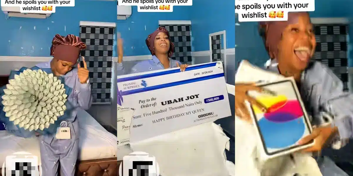 Nigerian lady sparks envy as she receives bouquet, cake, iPad, ₦500k from boyfriend for 1-year anniversary