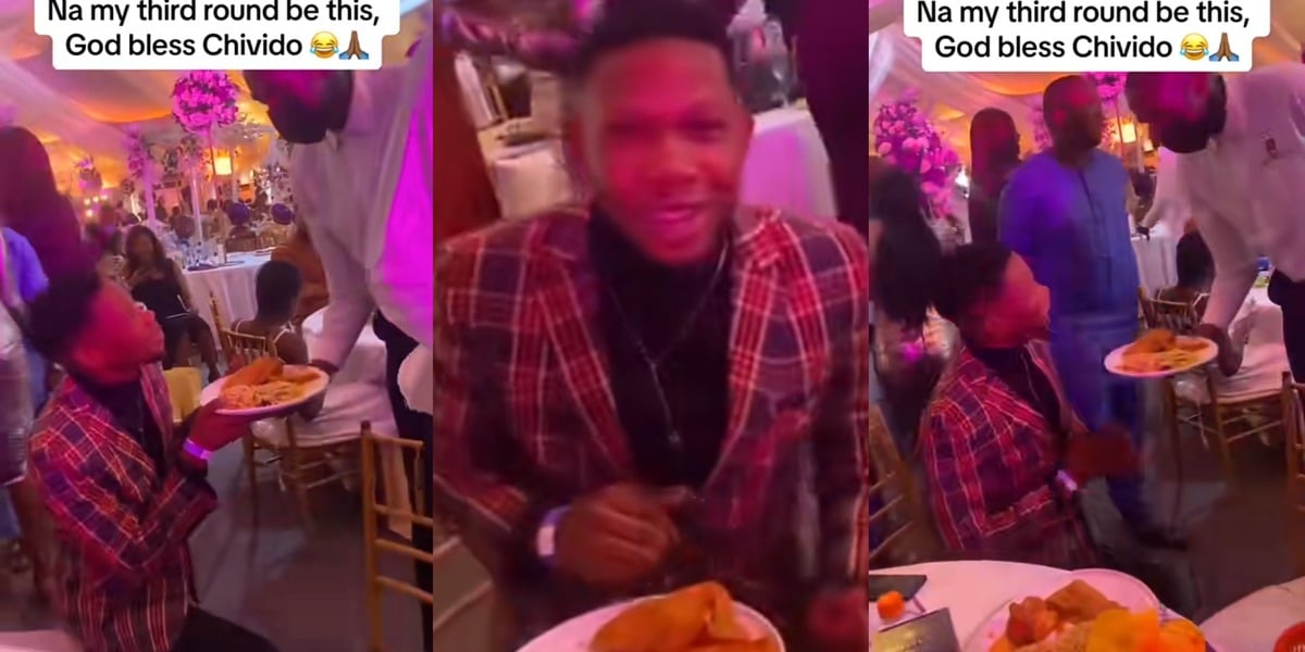 Viral video shows man on his knees begging food at Davido wedding, despite eating twice