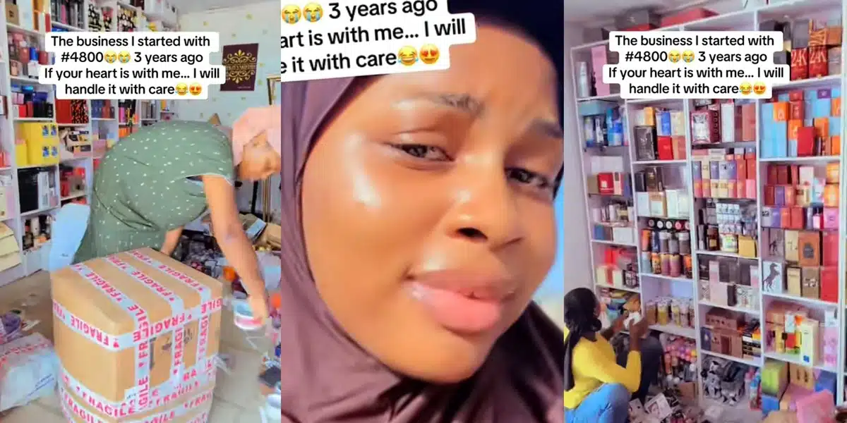Nigerian lady shows off skincare business, perfume shop she started with ₦4,800 three years ago